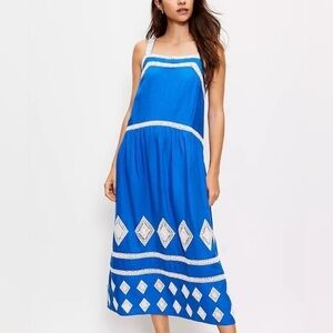 LOFT Petites Midi Dress in Blue with White Lace Detail